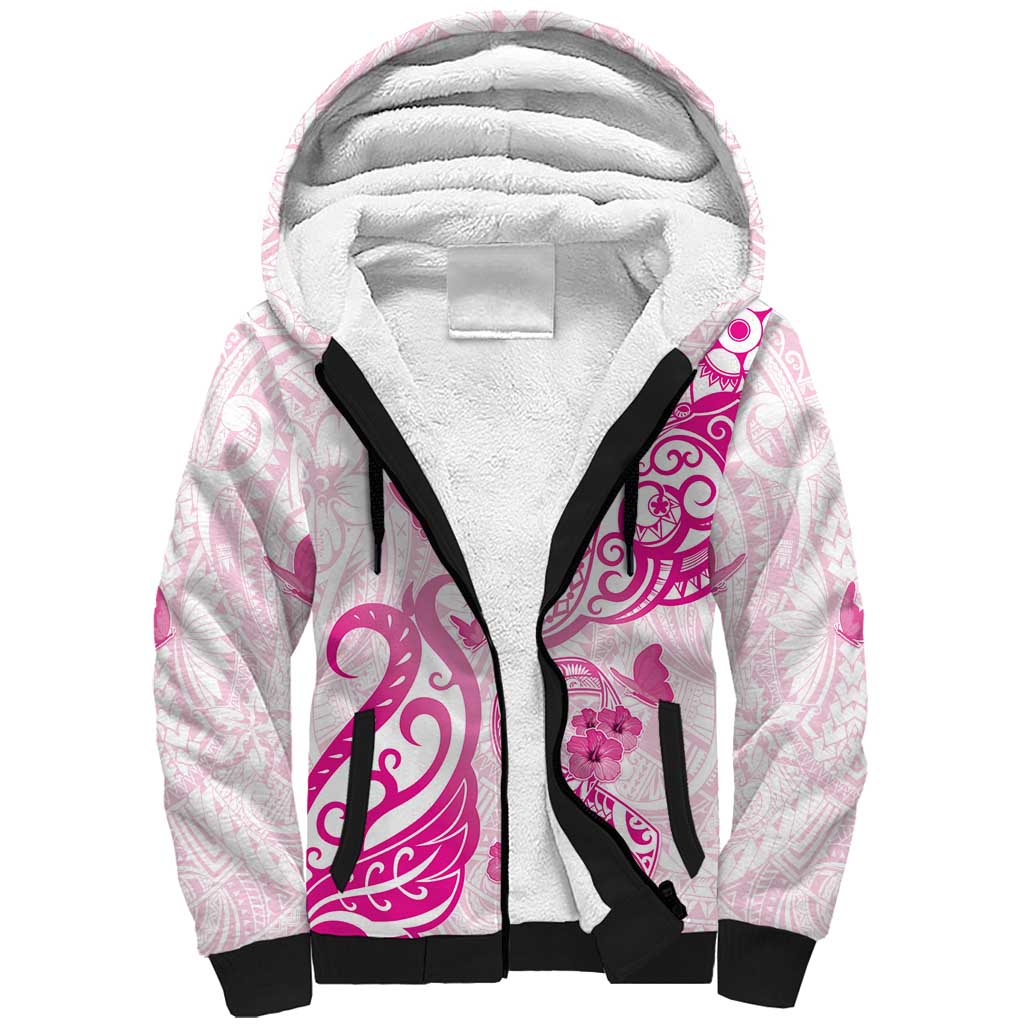 Personalised Breast Cancer Awareness Sherpa Hoodie Ribbon Polynesian Pattern White Version LT05 Unisex White - Polynesian Pride