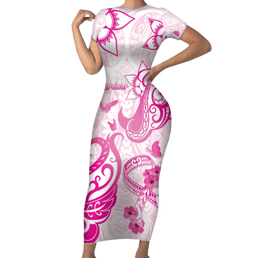 Personalised Breast Cancer Awareness Short Sleeve Bodycon Dress Ribbon Polynesian Pattern White Version