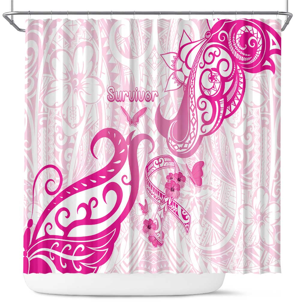 Breast Cancer Awareness Shower Curtain Ribbon Polynesian Pattern White Version