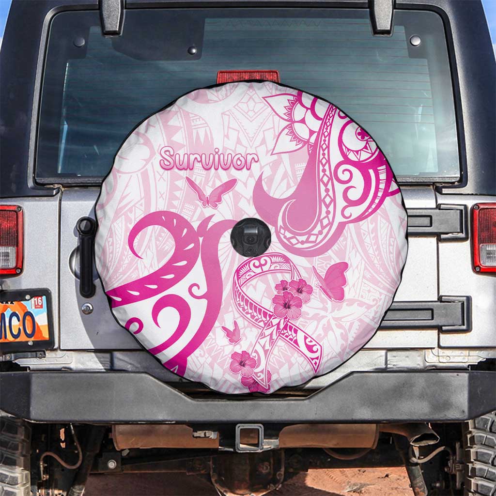 Breast Cancer Awareness Spare Tire Cover Ribbon Polynesian Pattern White Version LT05 White - Polynesian Pride