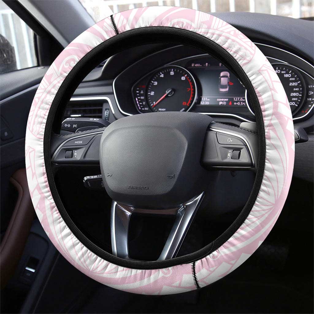 Breast Cancer Awareness Steering Wheel Cover Ribbon Polynesian Pattern White Version LT05 - Polynesian Pride