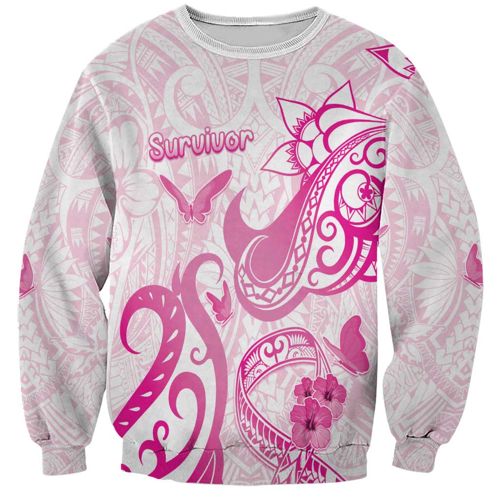 Personalised Breast Cancer Awareness Sweatshirt Ribbon Polynesian Pattern White Version LT05 Unisex White - Polynesian Pride