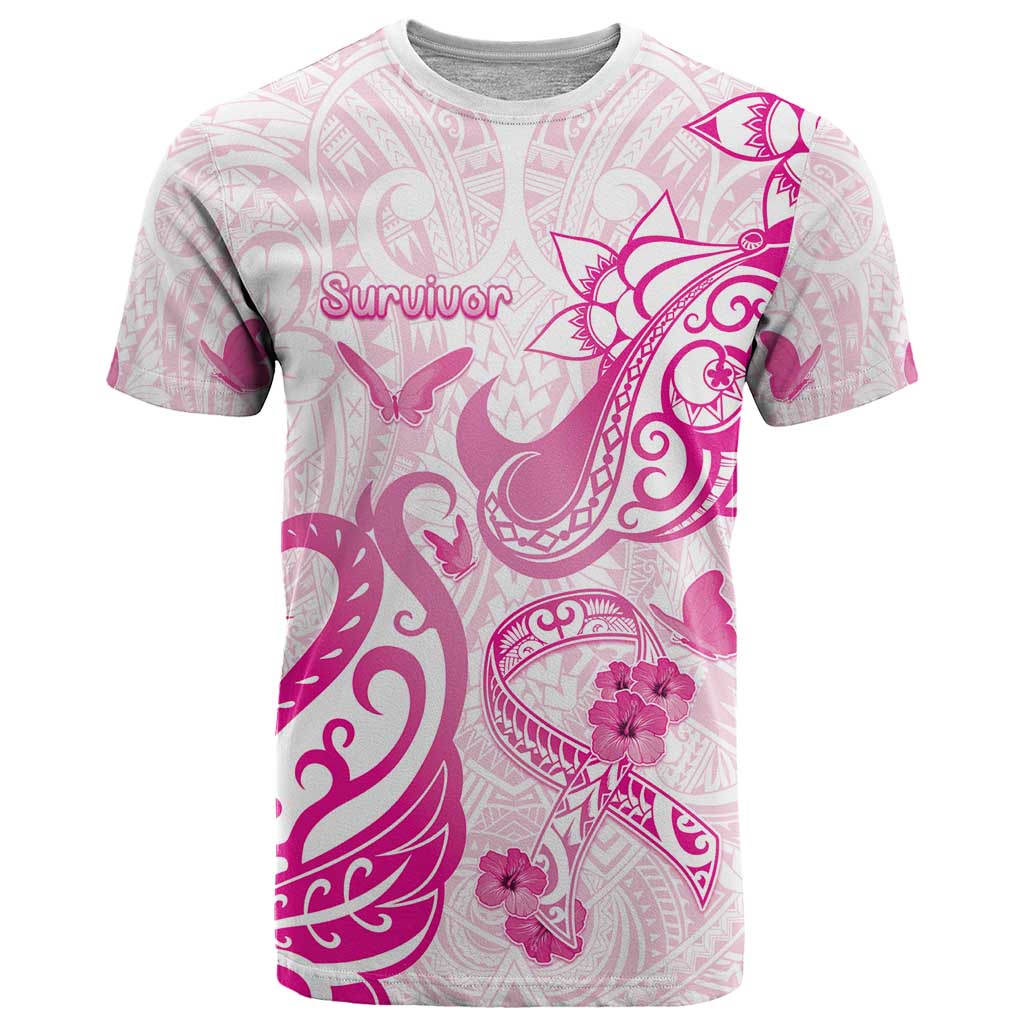 Personalised Breast Cancer Awareness T Shirt Ribbon Polynesian Pattern White Version LT05 White - Polynesian Pride