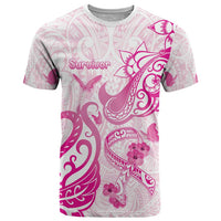 Personalised Breast Cancer Awareness T Shirt Ribbon Polynesian Pattern White Version LT05 White - Polynesian Pride