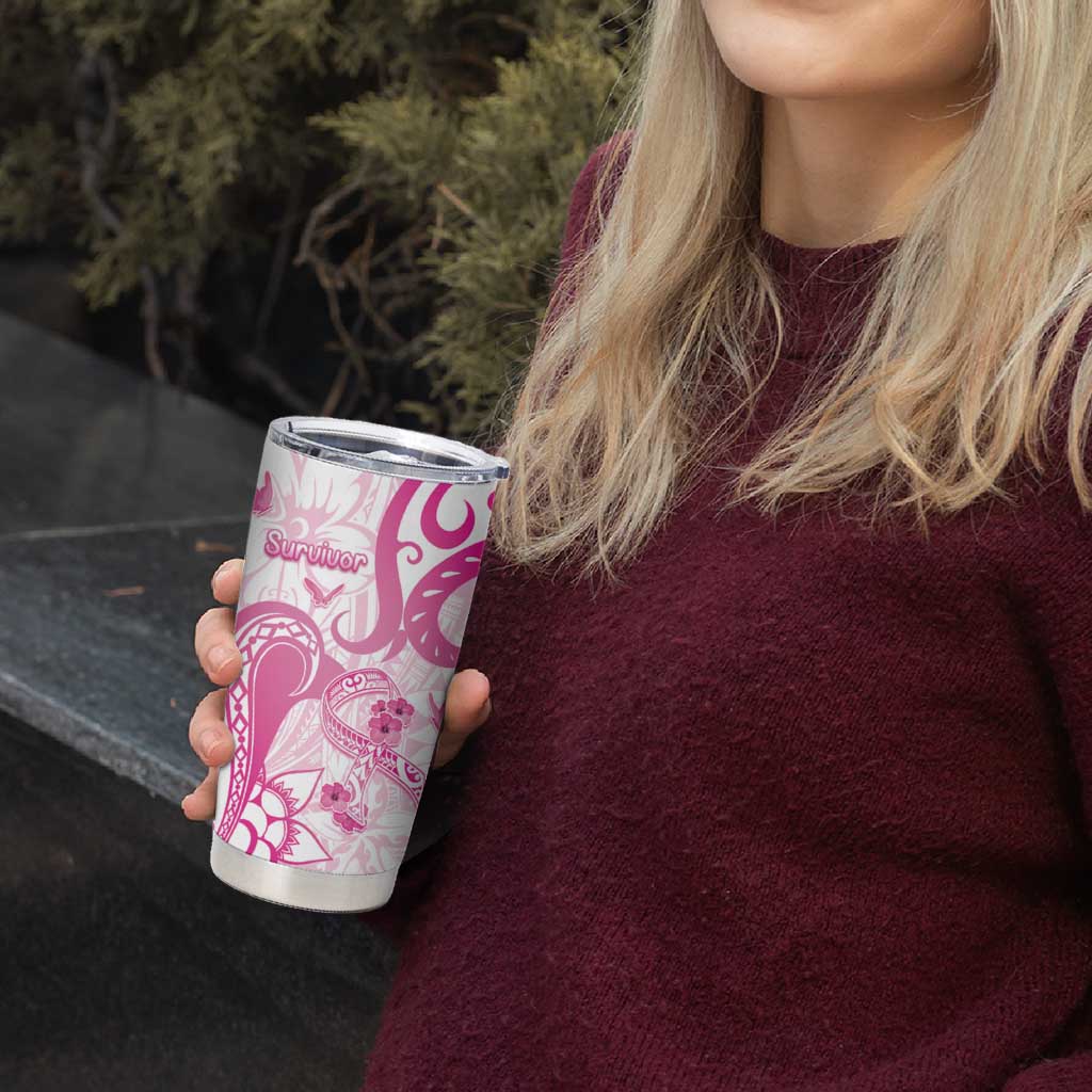 Personalised Breast Cancer Awareness Tumbler Cup Ribbon Polynesian Pattern White Version LT05 - Polynesian Pride