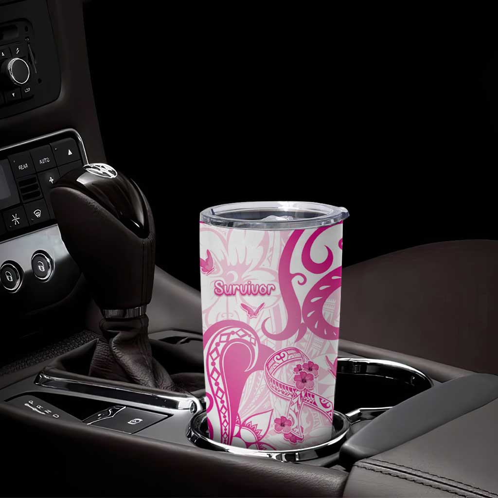 Personalised Breast Cancer Awareness Tumbler Cup Ribbon Polynesian Pattern White Version LT05 - Polynesian Pride