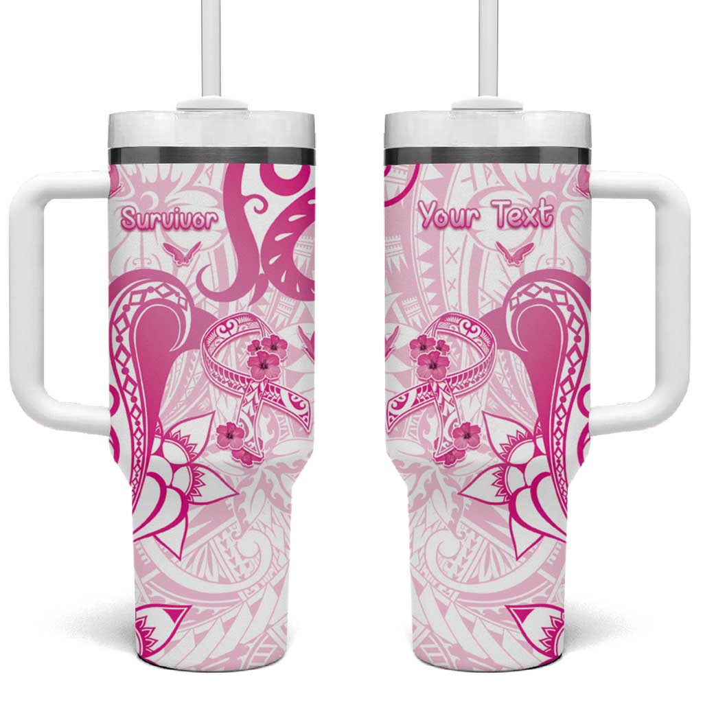 Personalised Breast Cancer Awareness Tumbler With Handle Ribbon Polynesian Pattern White Version