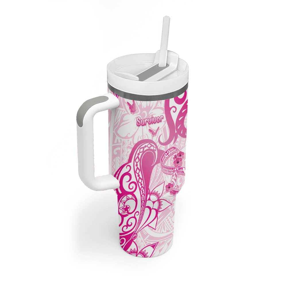 Personalised Breast Cancer Awareness Tumbler With Handle Ribbon Polynesian Pattern White Version LT05 - Polynesian Pride