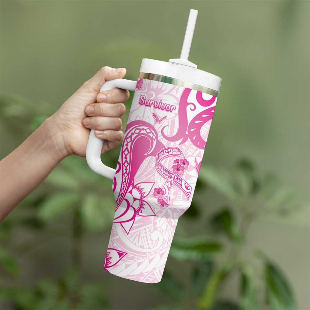 Personalised Breast Cancer Awareness Tumbler With Handle Ribbon Polynesian Pattern White Version LT05 - Polynesian Pride