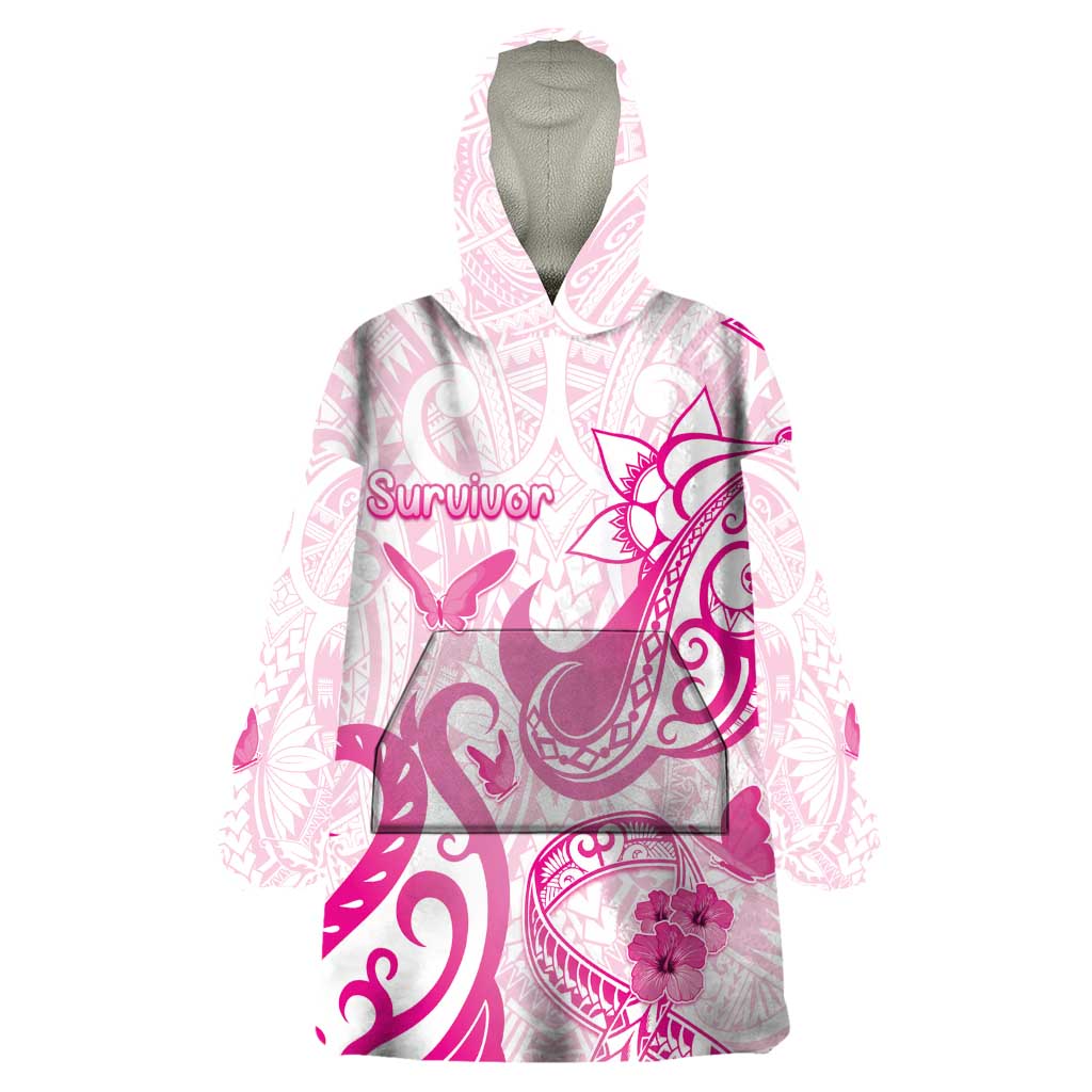 Personalised Breast Cancer Awareness Wearable Blanket Hoodie Ribbon Polynesian Pattern White Version LT05 One Size White - Polynesian Pride