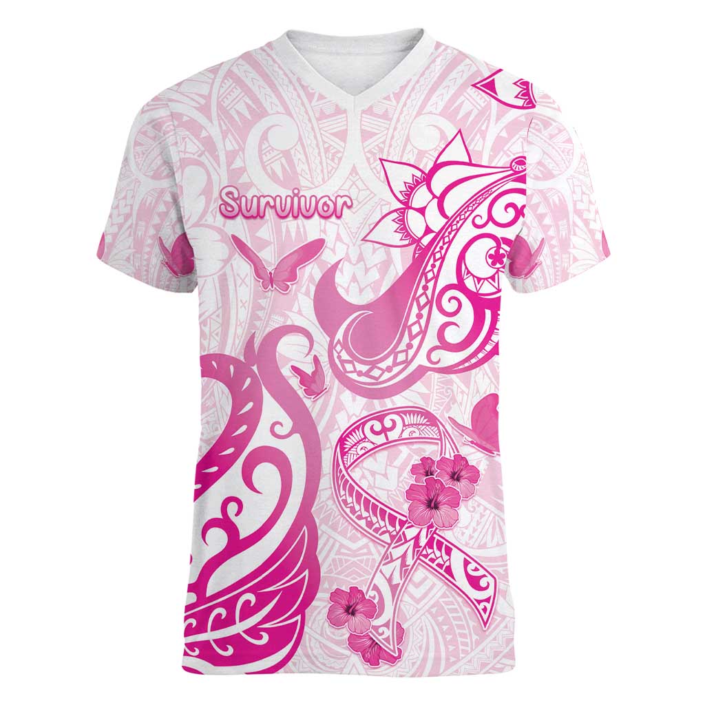 Personalised Breast Cancer Awareness Women V-Neck T-Shirt Ribbon Polynesian Pattern White Version LT05 Female White - Polynesian Pride