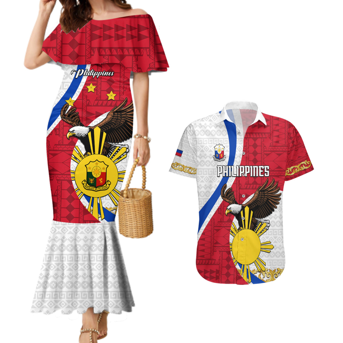 personalized-philippines-couples-matching-mermaid-dress-and-hawaiian-shirt-the-eight-rayed-sun-bald-eagle-polynesian-pattern