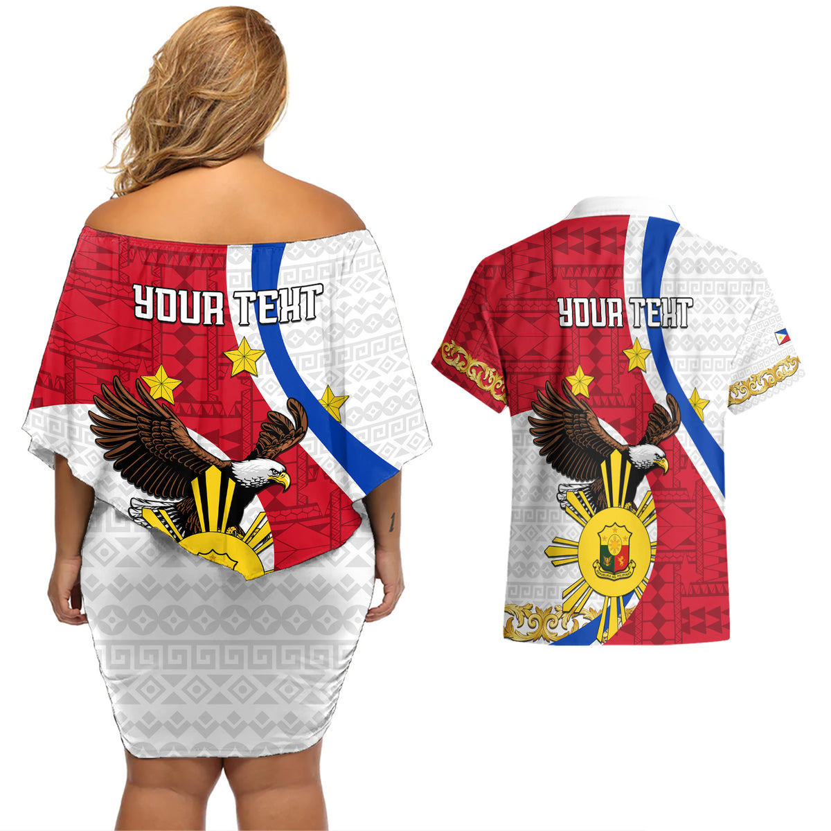 personalized-philippines-couples-matching-off-shoulder-short-dress-and-hawaiian-shirt-the-eight-rayed-sun-bald-eagle-polynesian-pattern