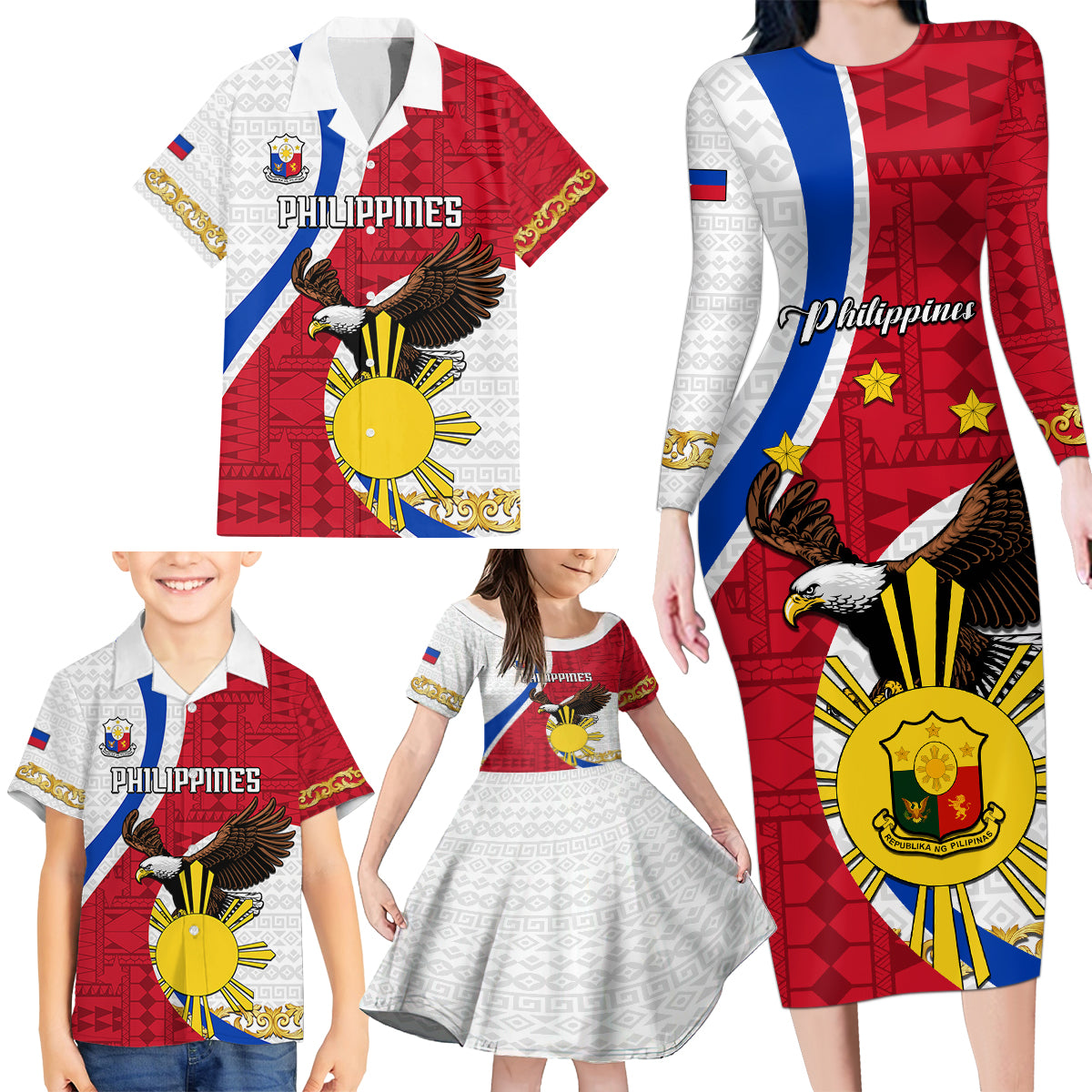 Personalized Philippines Family Matching Long Sleeve Bodycon Dress and Hawaiian Shirt The Eight-Rayed Sun Bald Eagle Polynesian Pattern LT05 - Polynesian Pride