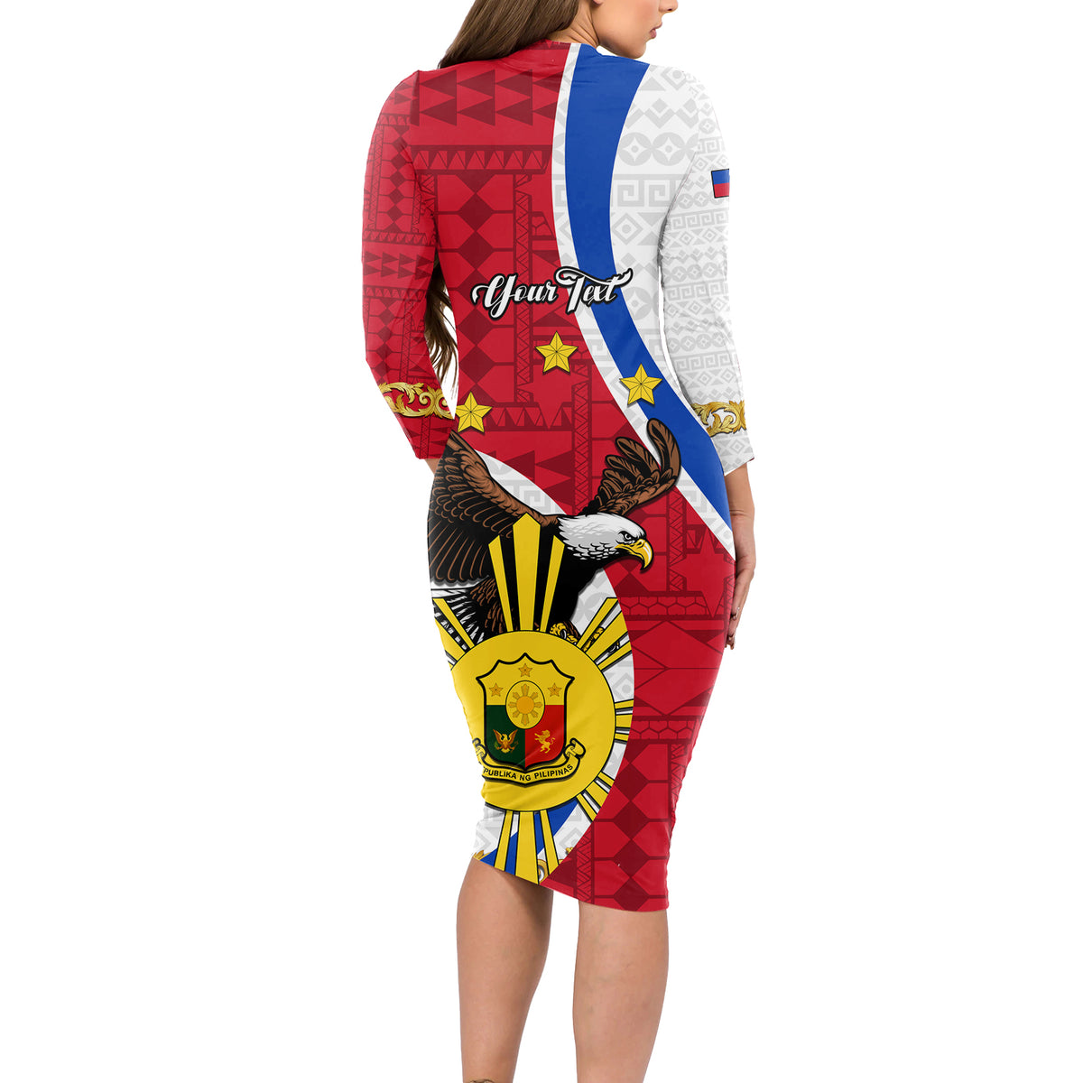 personalized-philippines-long-sleeve-bodycon-dress-the-eight-rayed-sun-bald-eagle-polynesian-pattern
