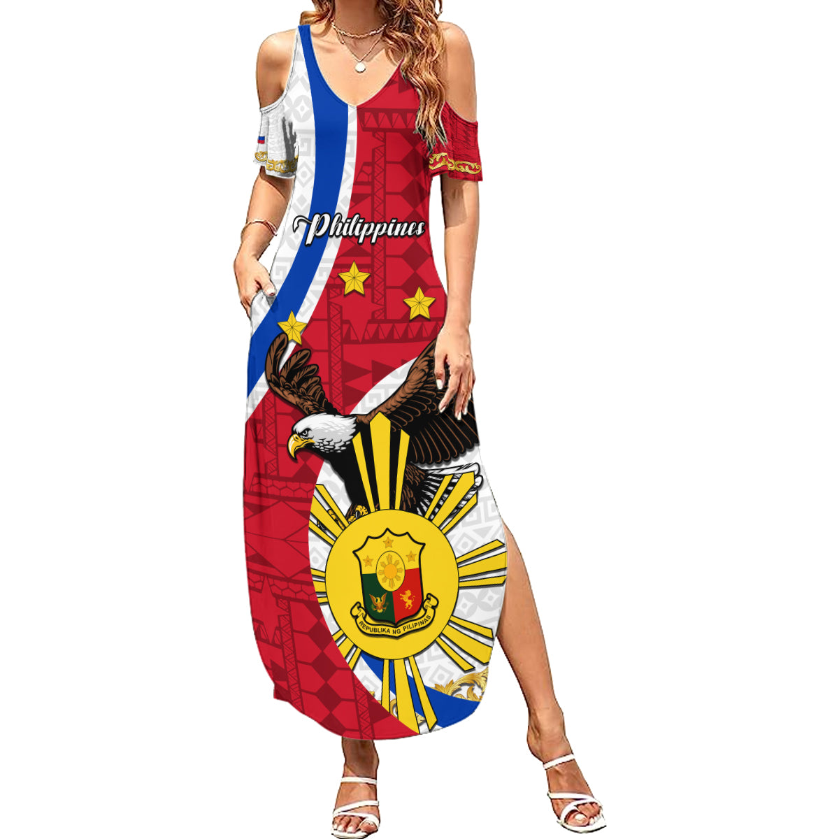 personalized-philippines-summer-maxi-dress-the-eight-rayed-sun-bald-eagle-polynesian-pattern