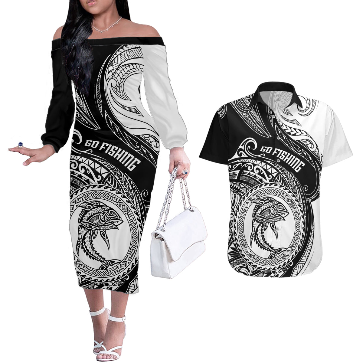 Go Fishing Couples Matching Off The Shoulder Long Sleeve Dress and Hawaiian Shirt Polynesian Pattern LT05 Black - Polynesian Pride