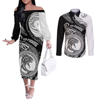 Go Fishing Couples Matching Off The Shoulder Long Sleeve Dress and Long Sleeve Button Shirts Polynesian Pattern LT05 Black - Polynesian Pride