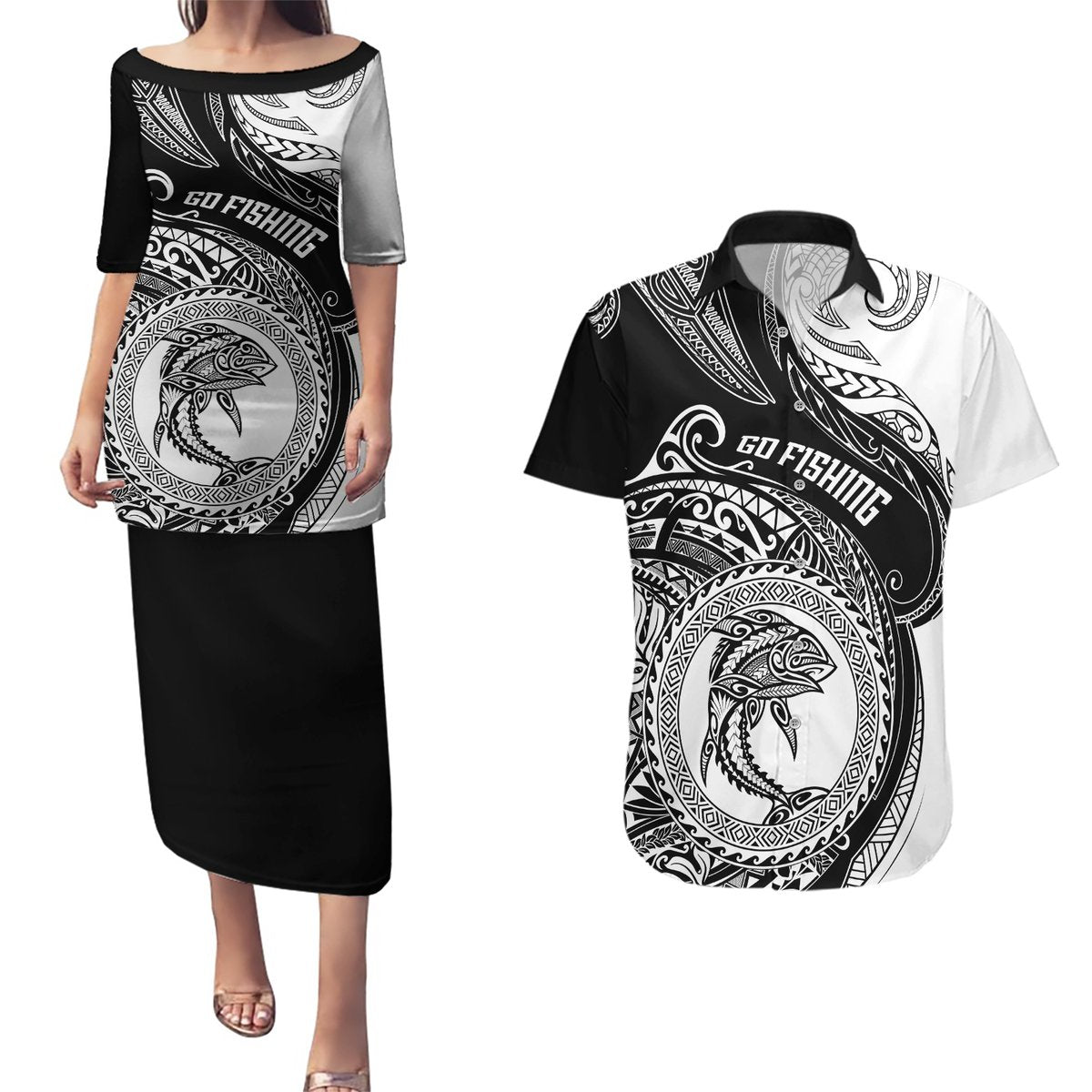 Go Fishing Couples Matching Puletasi Dress and Hawaiian Shirt Polynesian Pattern LT05 Black - Polynesian Pride