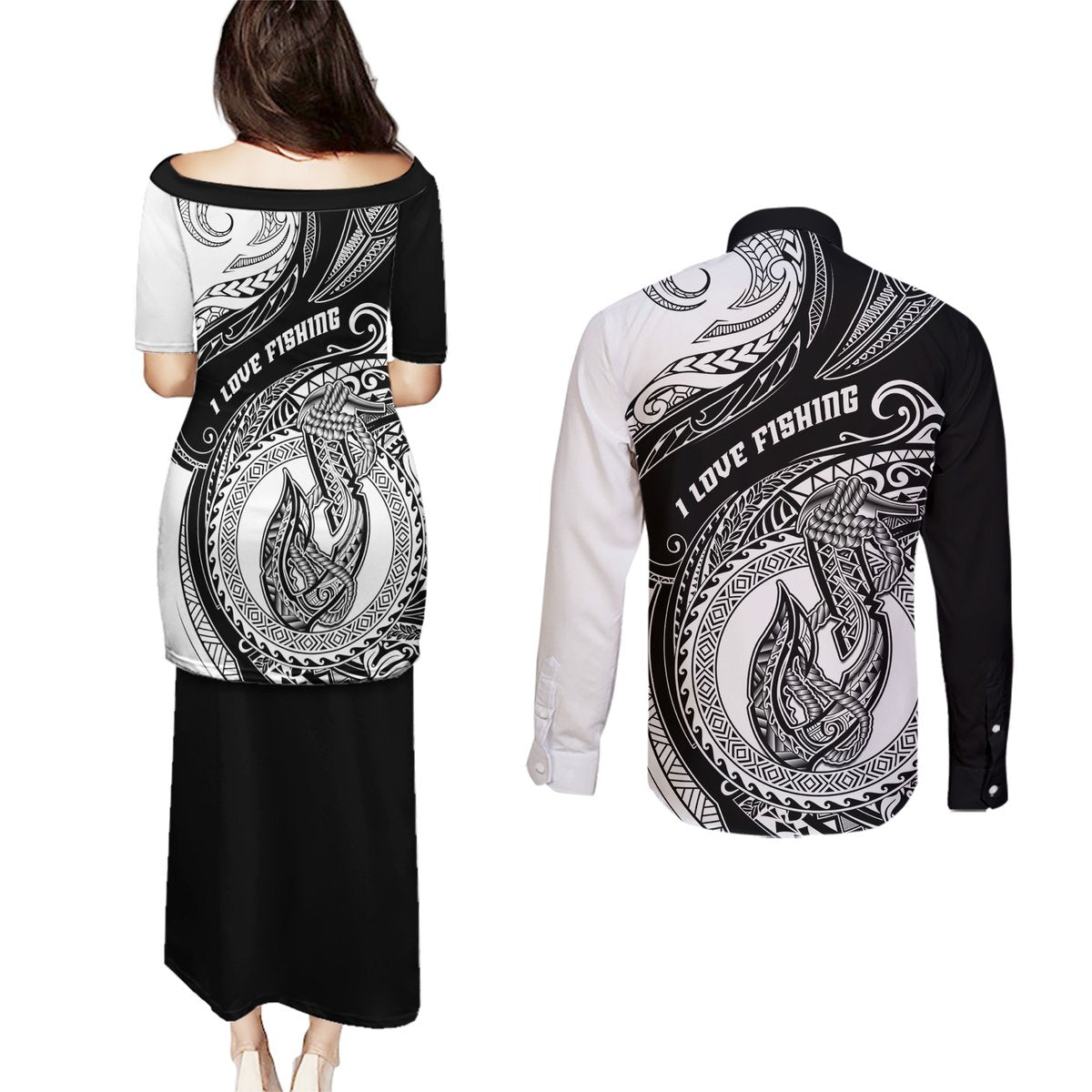 Go Fishing Couples Matching Puletasi Dress and Long Sleeve Button Shirts Polynesian Pattern LT05 - Polynesian Pride