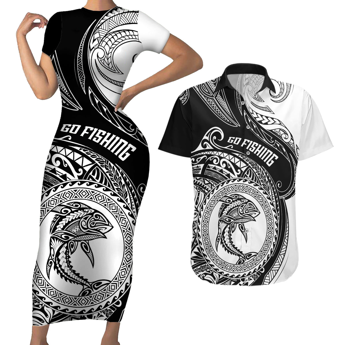 Go Fishing Couples Matching Short Sleeve Bodycon Dress and Hawaiian Shirt Polynesian Pattern LT05 Black - Polynesian Pride