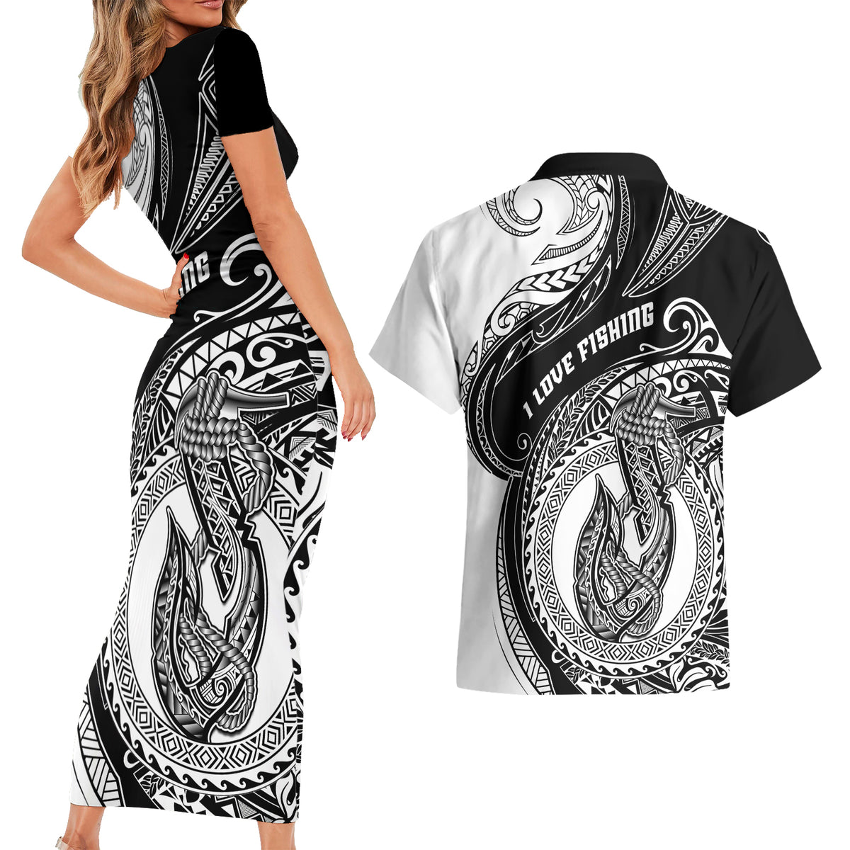 Go Fishing Couples Matching Short Sleeve Bodycon Dress and Hawaiian Shirt Polynesian Pattern LT05 - Polynesian Pride