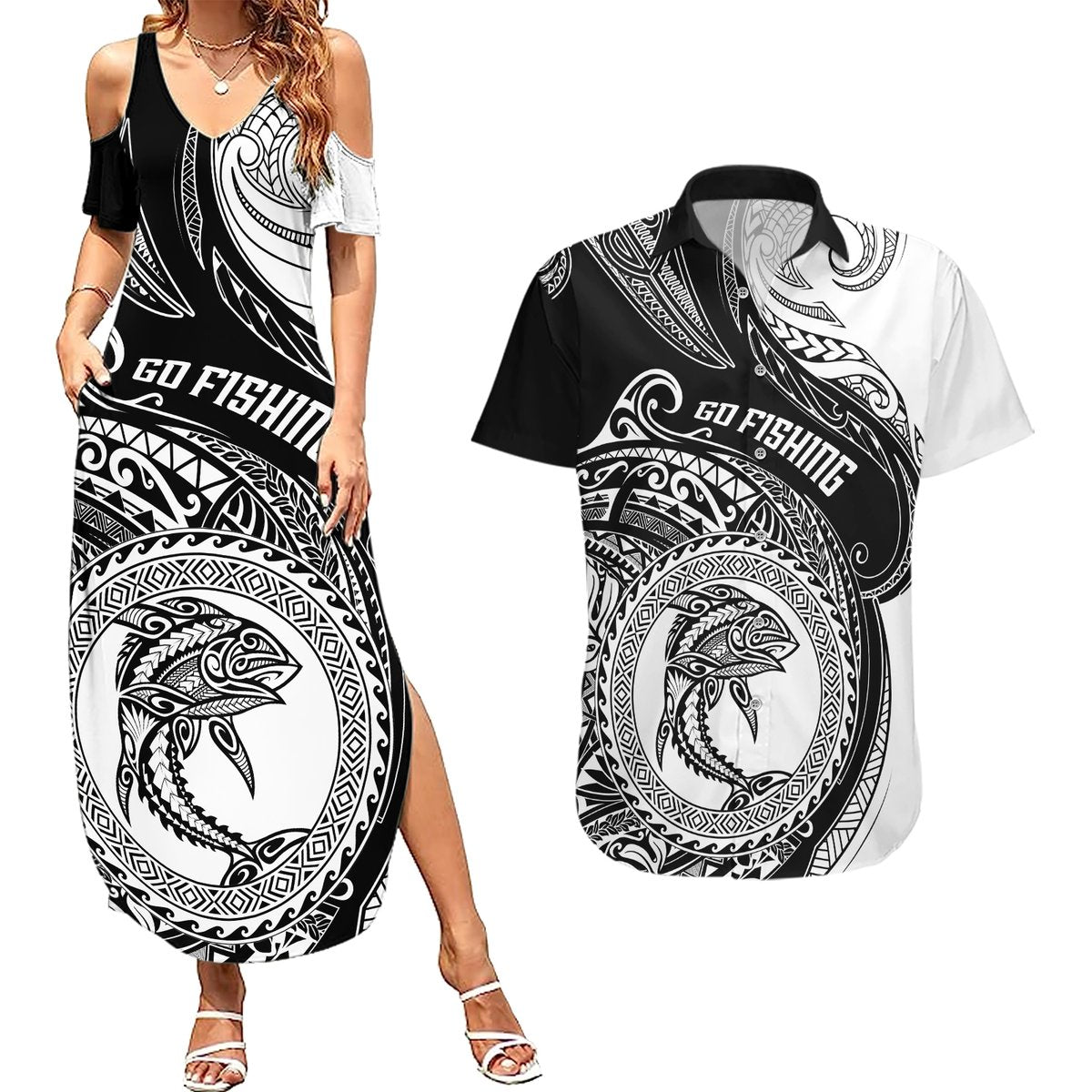 Go Fishing Couples Matching Summer Maxi Dress and Hawaiian Shirt Polynesian Pattern LT05 Black - Polynesian Pride