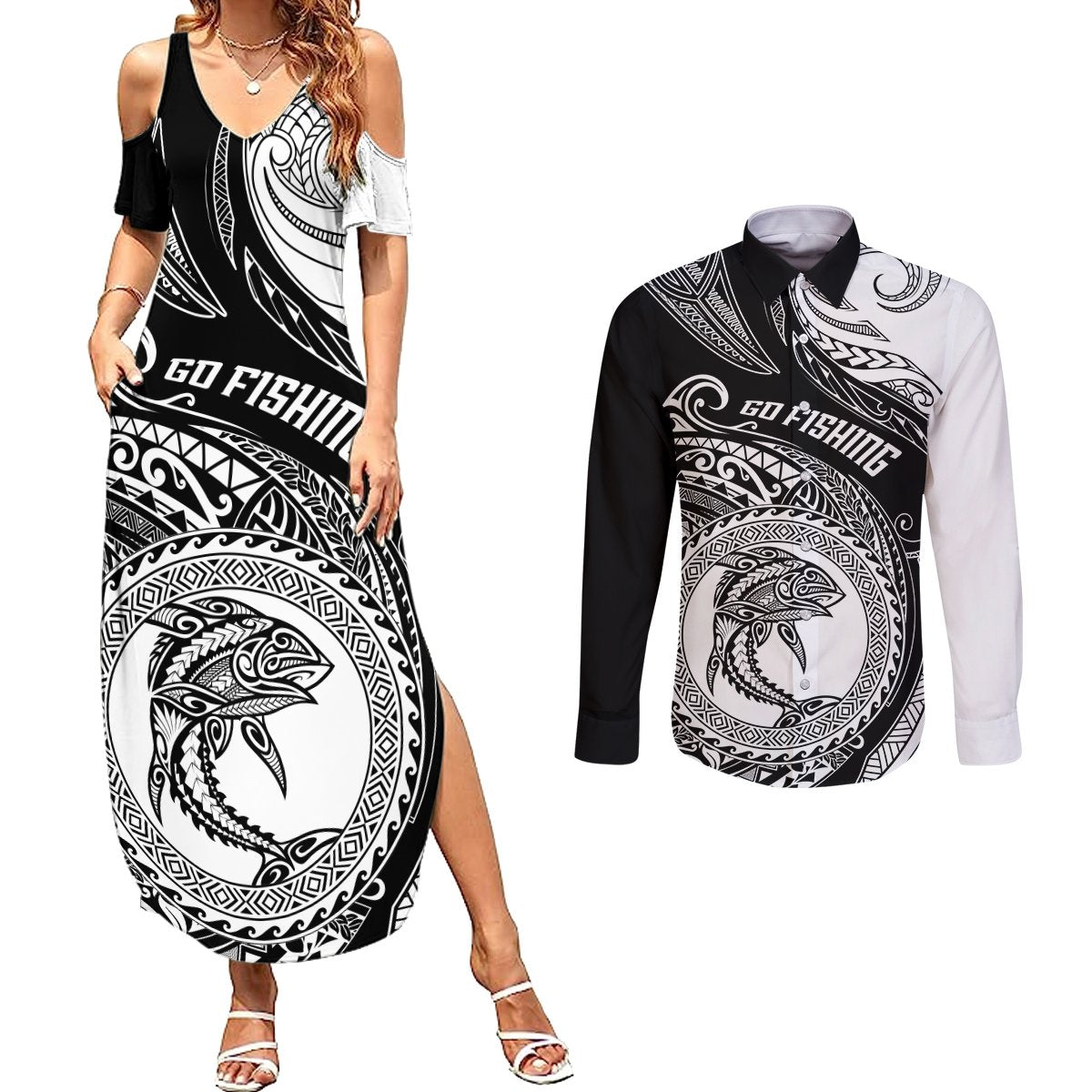 Go Fishing Couples Matching Summer Maxi Dress and Long Sleeve Button Shirts Polynesian Pattern LT05 Black - Polynesian Pride