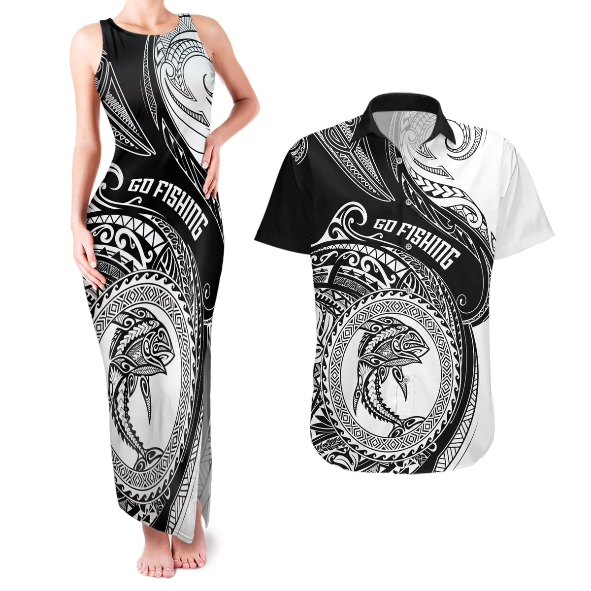Go Fishing Couples Matching Tank Maxi Dress and Hawaiian Shirt Polynesian Pattern LT05 Black - Polynesian Pride
