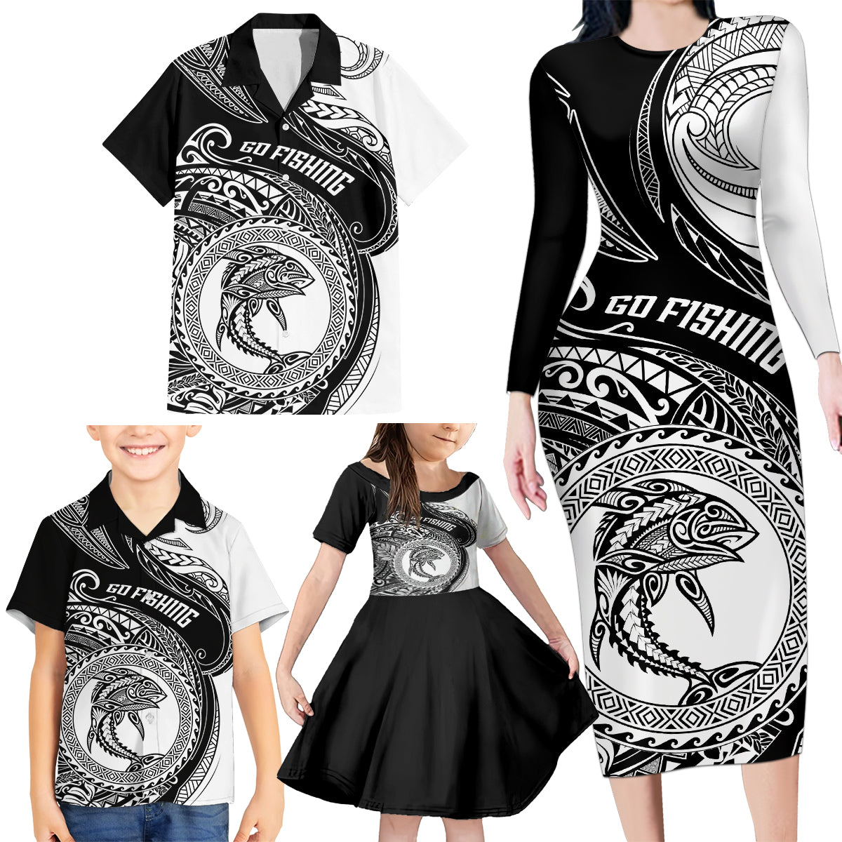 go-fishing-family-matching-long-sleeve-bodycon-dress-and-hawaiian-shirt-polynesian-pattern