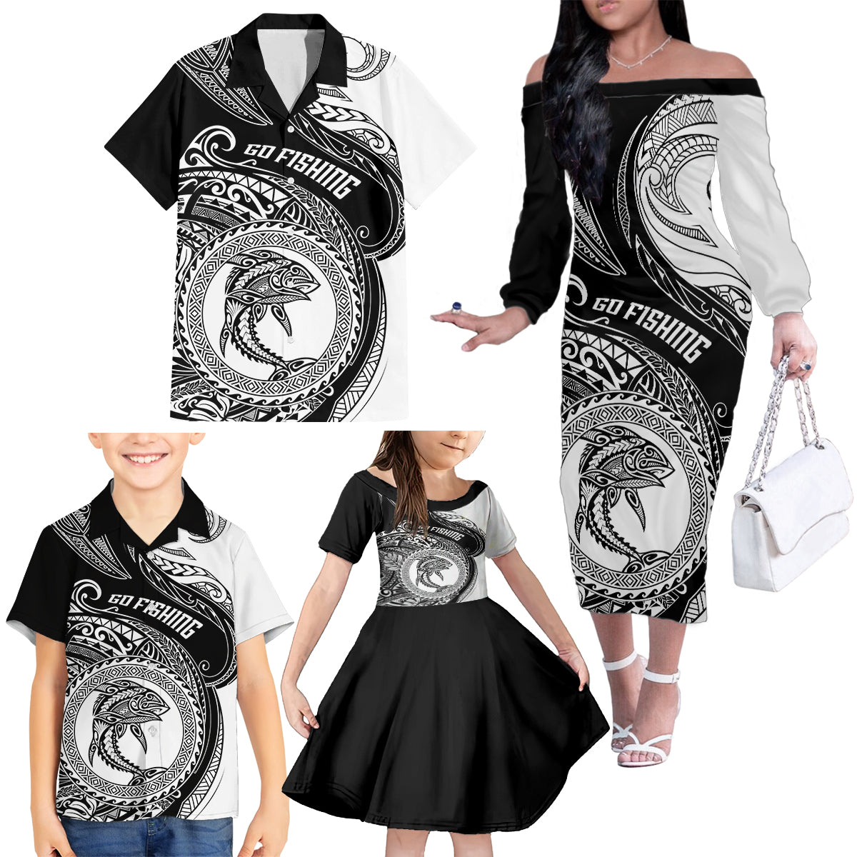 go-fishing-family-matching-off-shoulder-long-sleeve-dress-and-hawaiian-shirt-polynesian-pattern