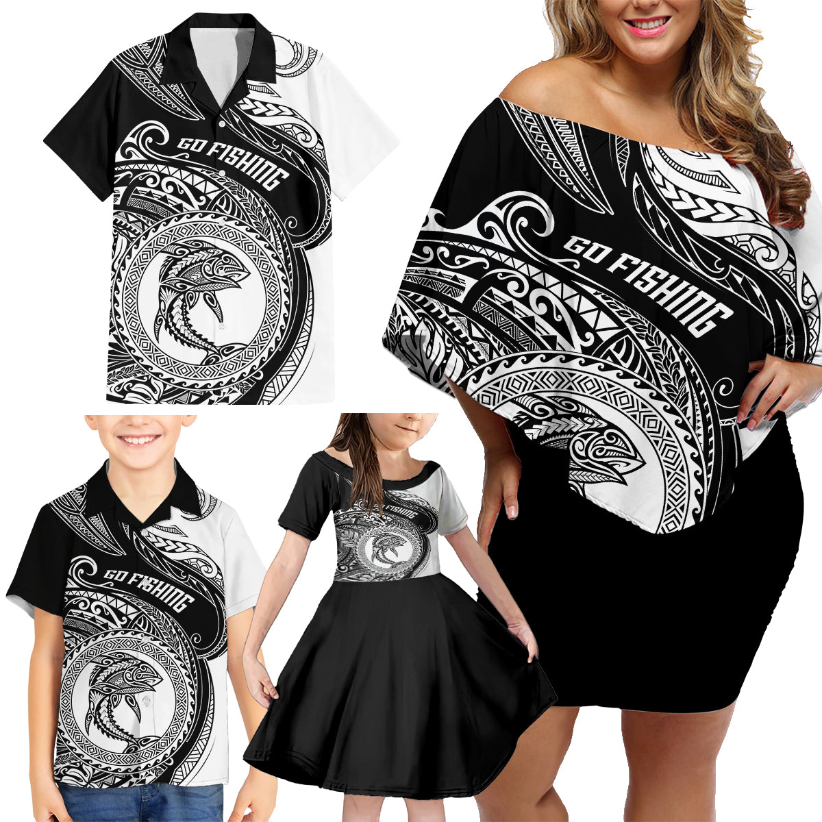 go-fishing-family-matching-off-shoulder-short-dress-and-hawaiian-shirt-polynesian-pattern