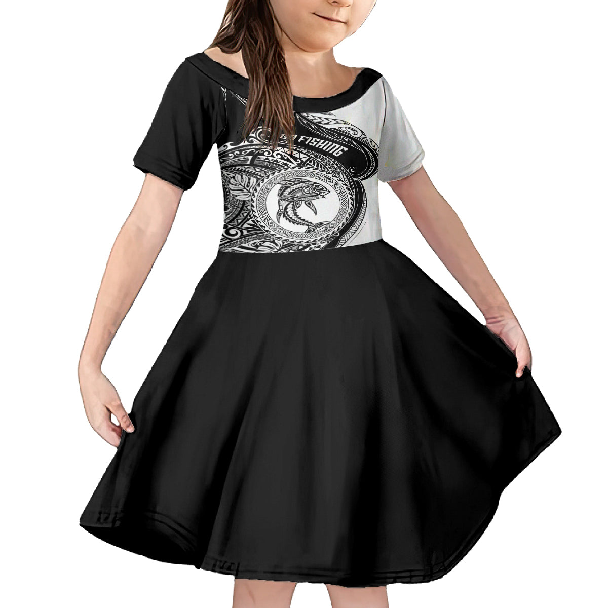 Go Fishing Kid Short Sleeve Dress Polynesian Pattern LT05 KID Black - Polynesian Pride