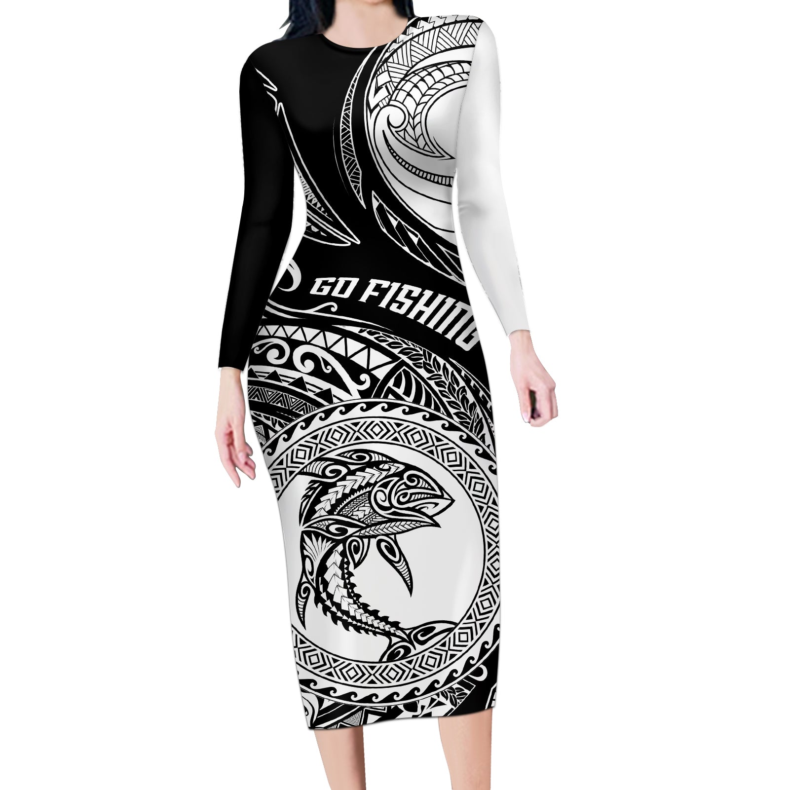 go-fishing-long-sleeve-bodycon-dress-polynesian-pattern