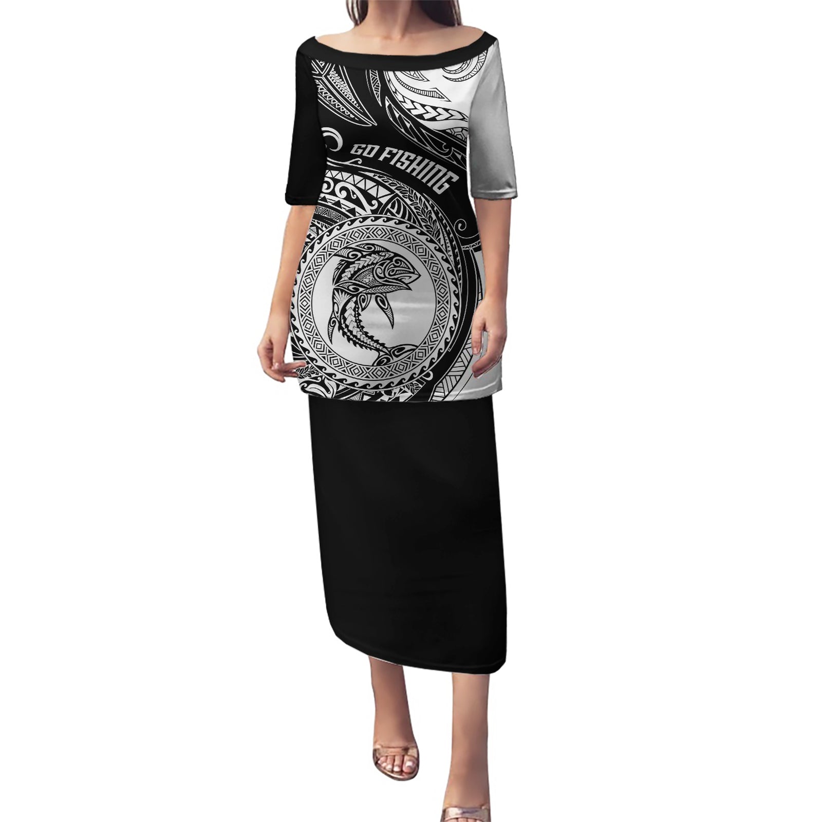 Go Fishing Puletasi Polynesian Pattern LT05 Long Dress Black - Polynesian Pride