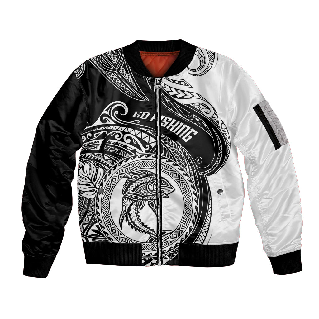 Go Fishing Sleeve Zip Bomber Jacket Polynesian Pattern LT05 Unisex Black - Polynesian Pride