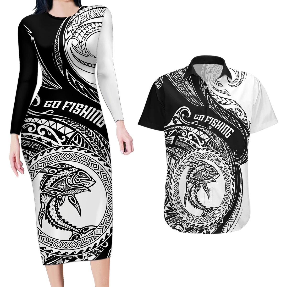 Personalized Go Fishing Couples Matching Long Sleeve Bodycon Dress and Hawaiian Shirt Polynesian Pattern LT05 Black - Polynesian Pride
