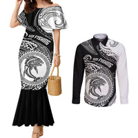 Personalized Go Fishing Couples Matching Mermaid Dress and Long Sleeve Button Shirts Polynesian Pattern LT05 Black - Polynesian Pride