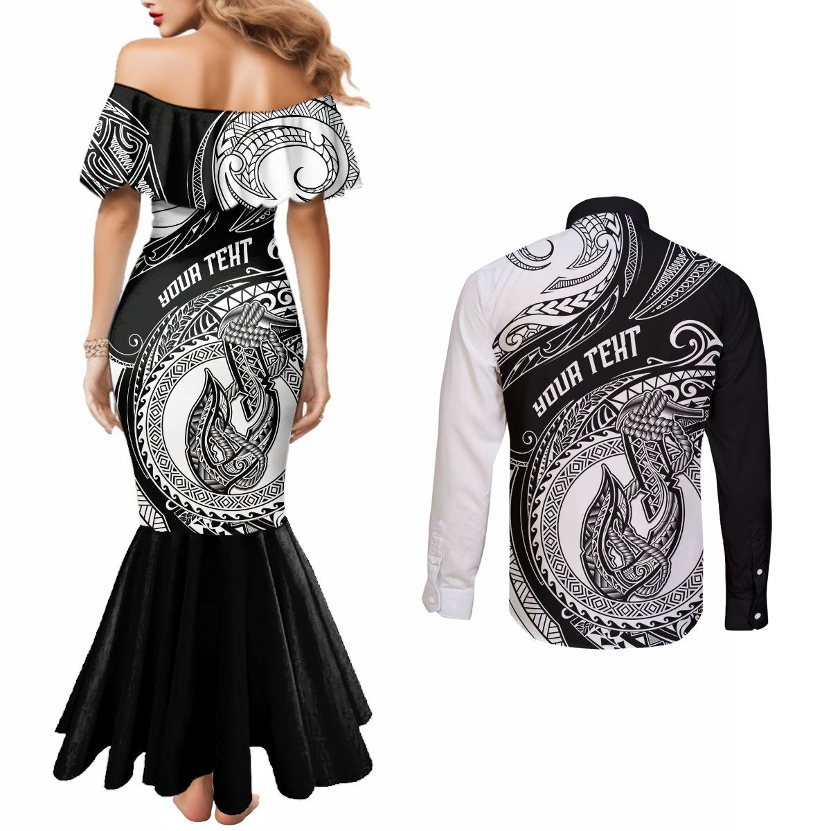 Personalized Go Fishing Couples Matching Mermaid Dress and Long Sleeve Button Shirts Polynesian Pattern LT05 - Polynesian Pride