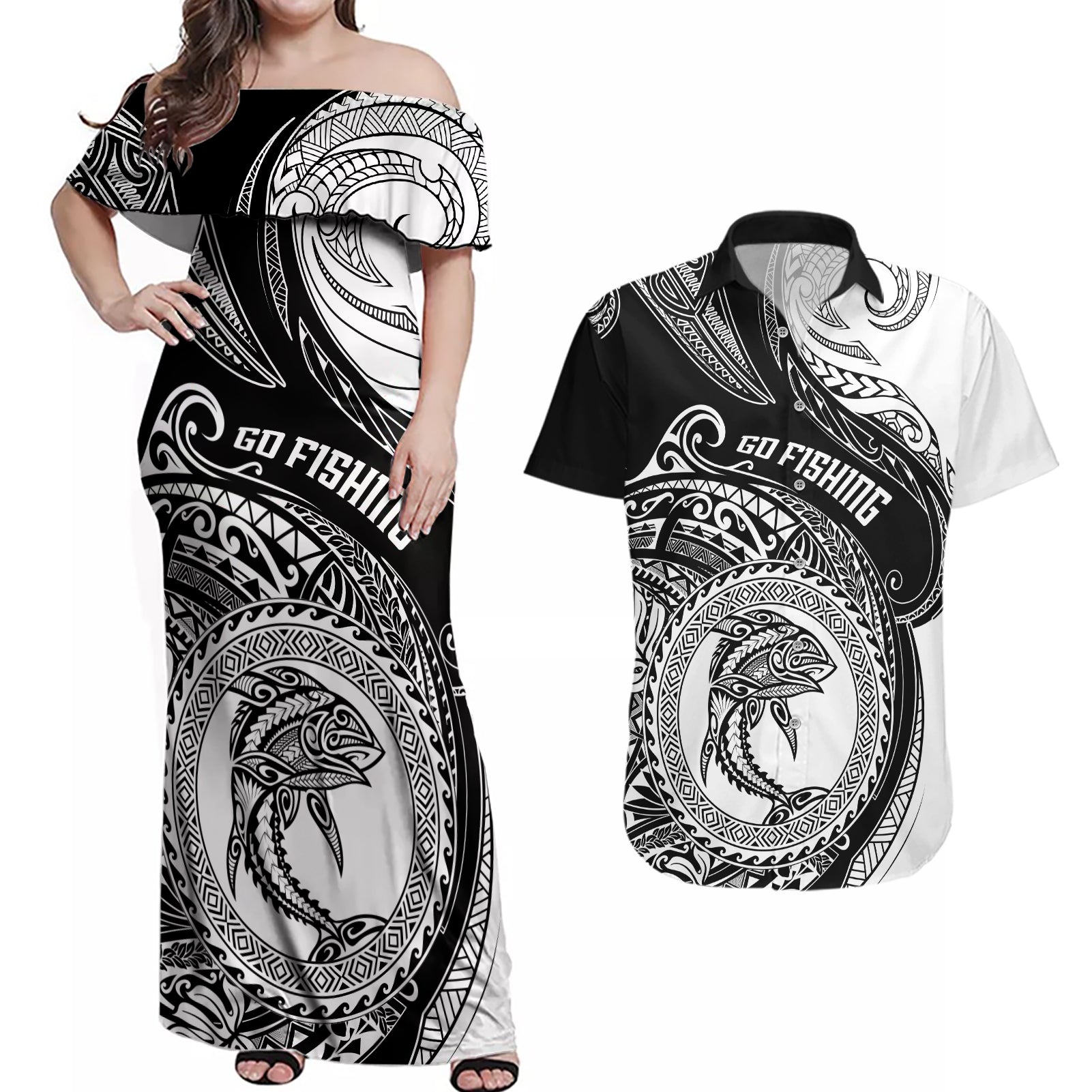 personalized-go-fishing-couples-matching-off-shoulder-maxi-dress-and-hawaiian-shirt-polynesian-pattern