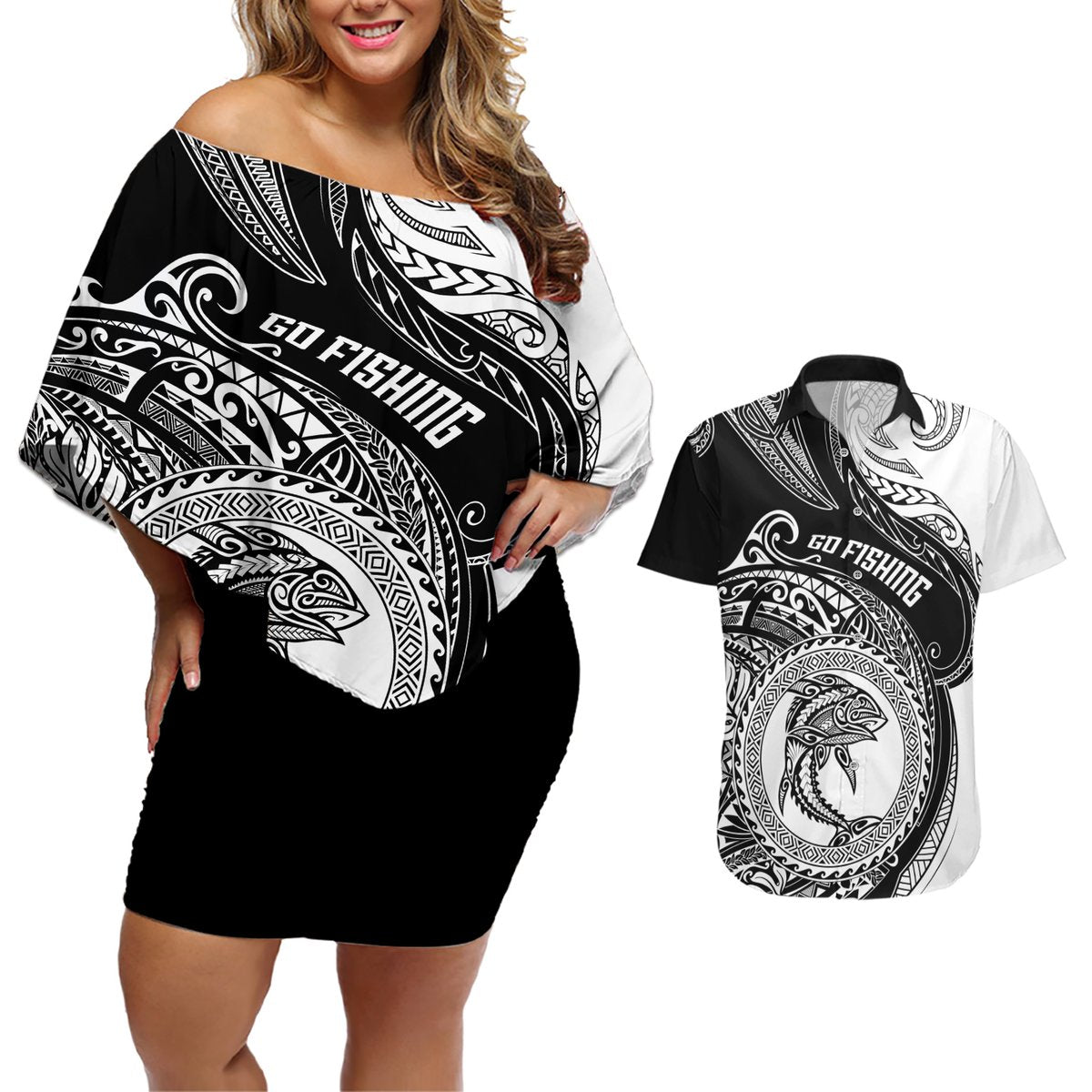 Personalized Go Fishing Couples Matching Off Shoulder Short Dress and Hawaiian Shirt Polynesian Pattern LT05 Black - Polynesian Pride