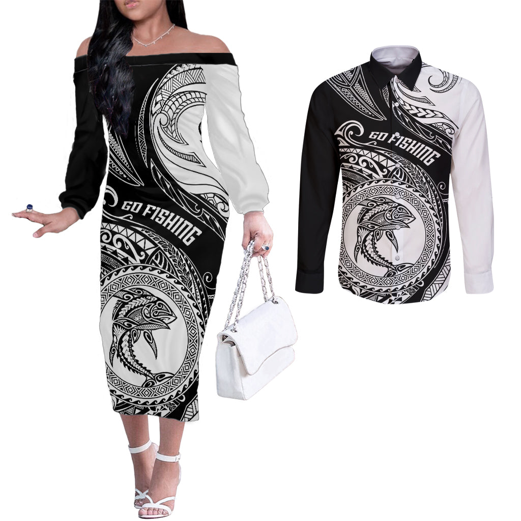 Personalized Go Fishing Couples Matching Off The Shoulder Long Sleeve Dress and Long Sleeve Button Shirts Polynesian Pattern LT05 Black - Polynesian Pride