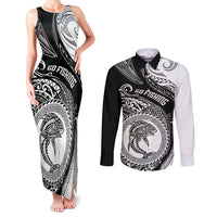 Personalized Go Fishing Couples Matching Tank Maxi Dress and Long Sleeve Button Shirts Polynesian Pattern LT05 Black - Polynesian Pride