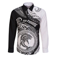 Personalized Go Fishing Family Matching Off Shoulder Maxi Dress and Hawaiian Shirt Polynesian Pattern LT05 Dad's Shirt - Long Sleeve Black - Polynesian Pride