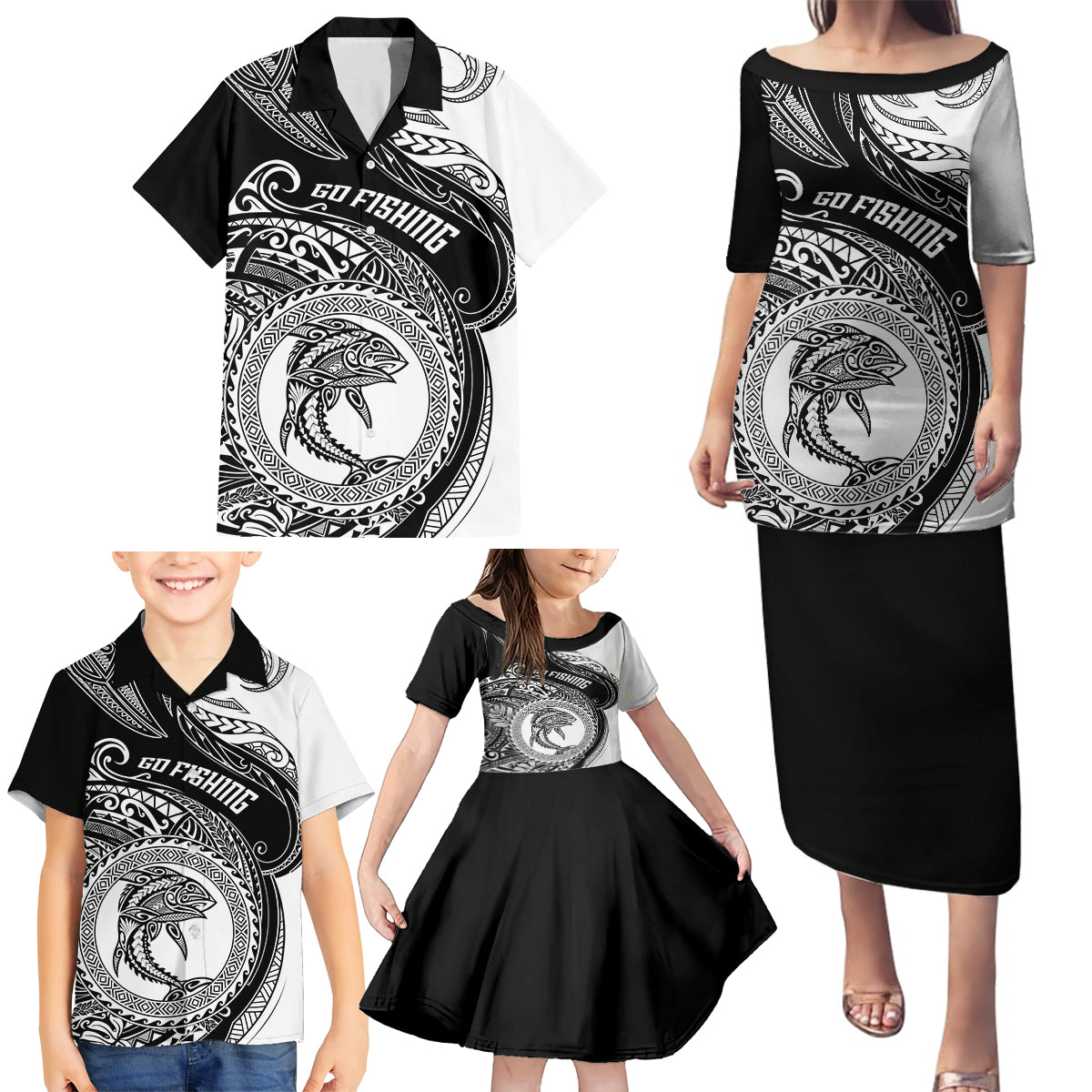 Personalized Go Fishing Family Matching Puletasi Dress and Hawaiian Shirt Polynesian Pattern LT05 - Polynesian Pride