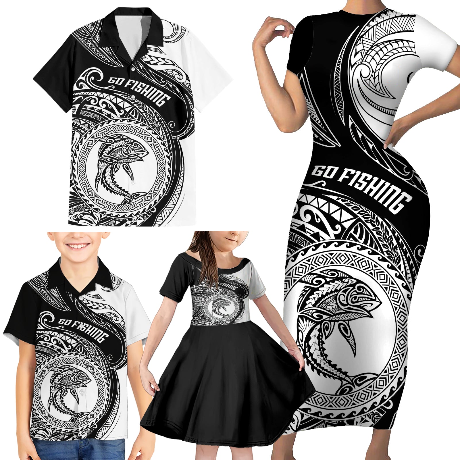 Personalized Go Fishing Family Matching Short Sleeve Bodycon Dress and Hawaiian Shirt Polynesian Pattern LT05 - Polynesian Pride