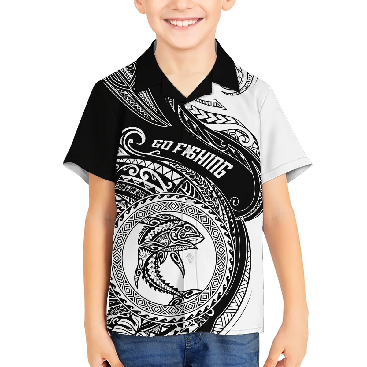 Personalized Go Fishing Kid Hawaiian Shirt Polynesian Pattern LT05 Kid Black - Polynesian Pride