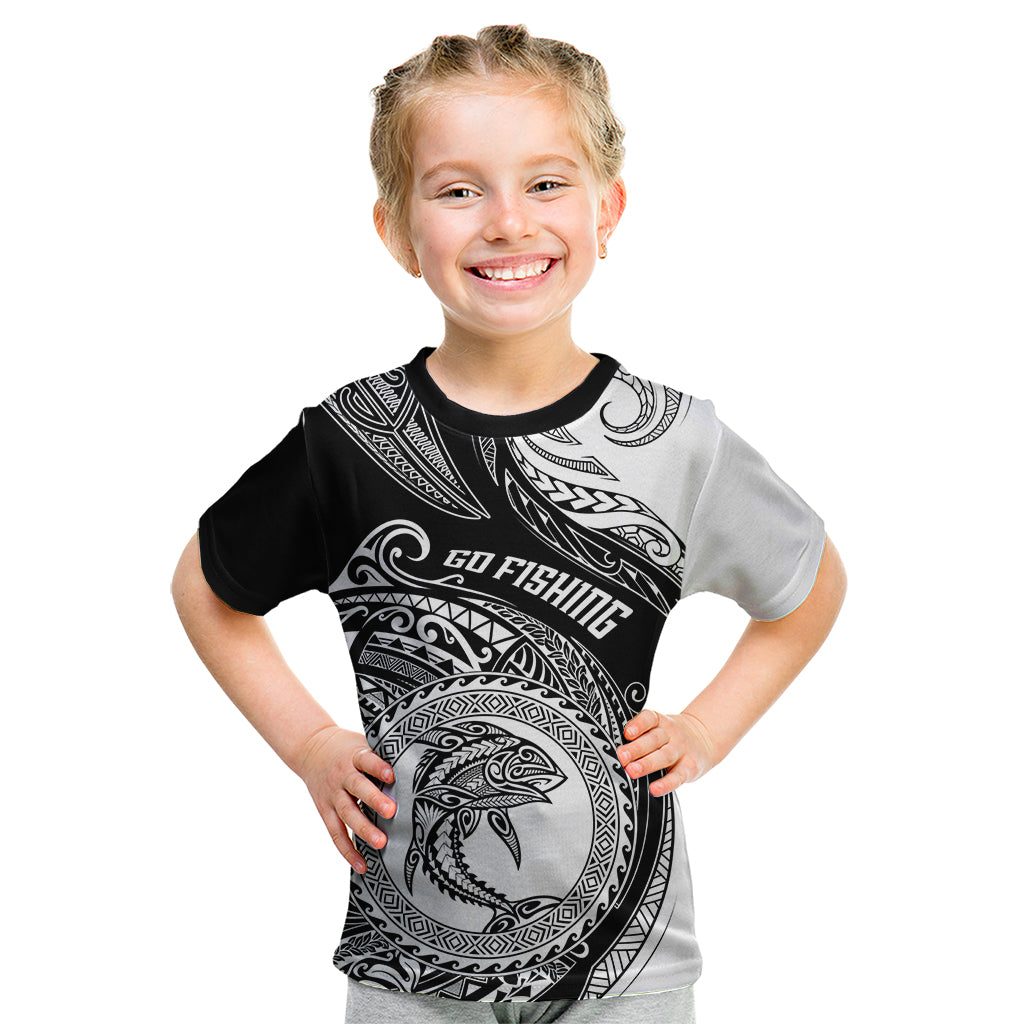 Personalized Go Fishing Kid T Shirt Polynesian Pattern LT05 Black - Polynesian Pride