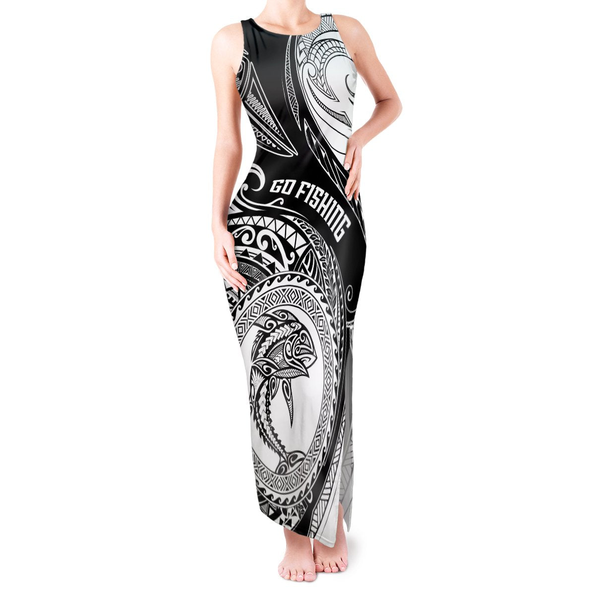 Personalized Go Fishing Tank Maxi Dress Polynesian Pattern LT05 Women Black - Polynesian Pride
