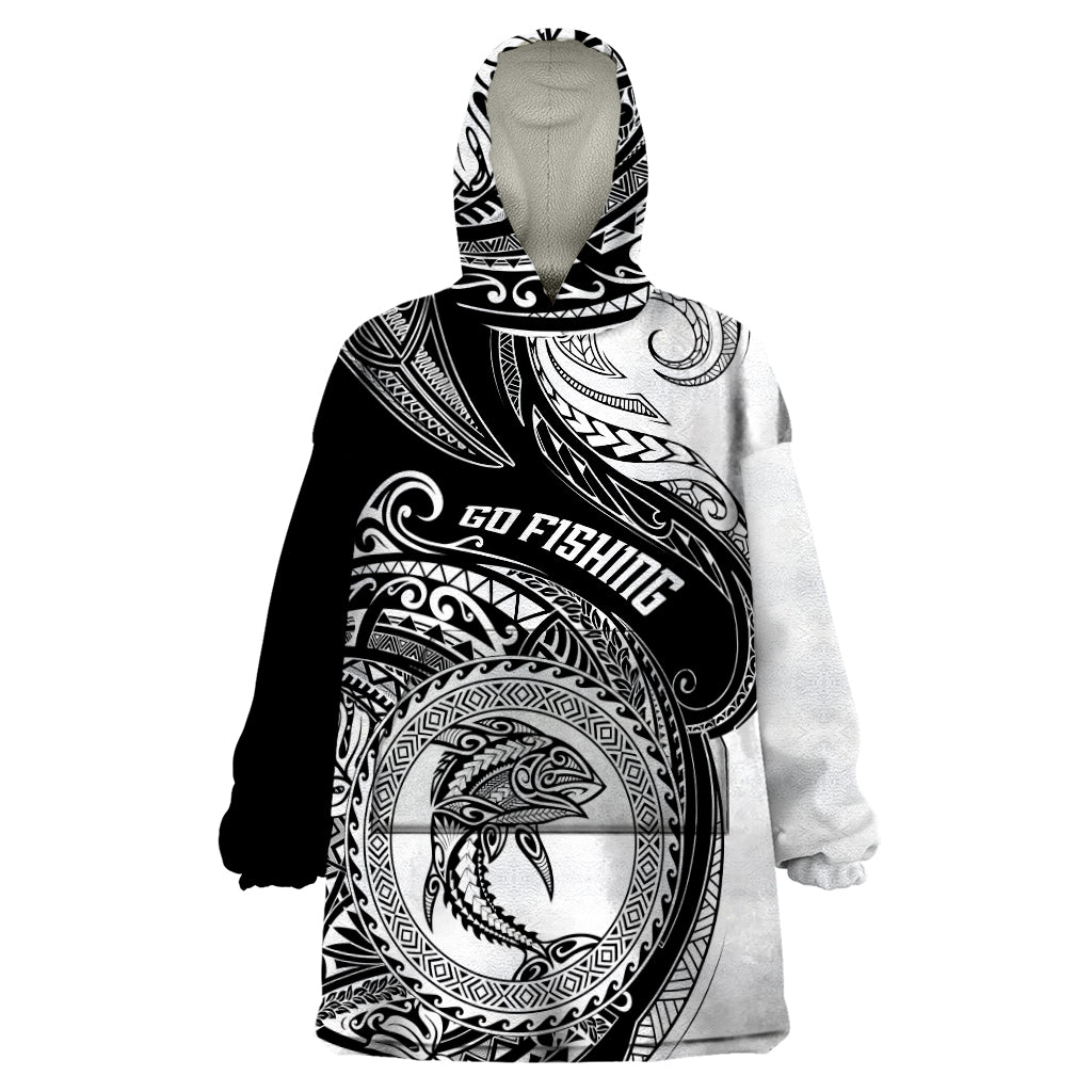 Personalized Go Fishing Wearable Blanket Hoodie Polynesian Pattern LT05 One Size Black - Polynesian Pride